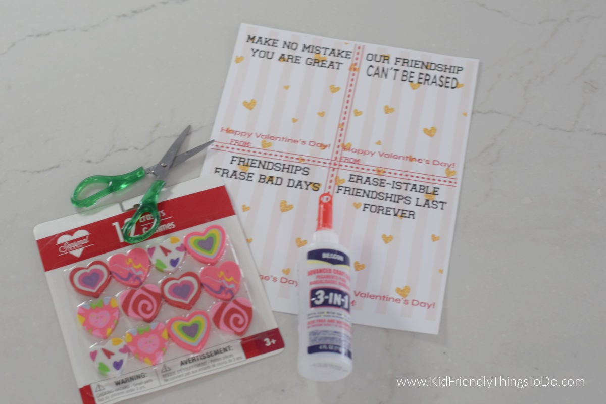 supplies for eraser Valentine card and craft