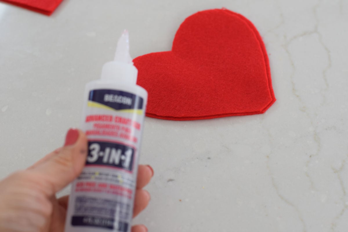 gluing felt hearts 
