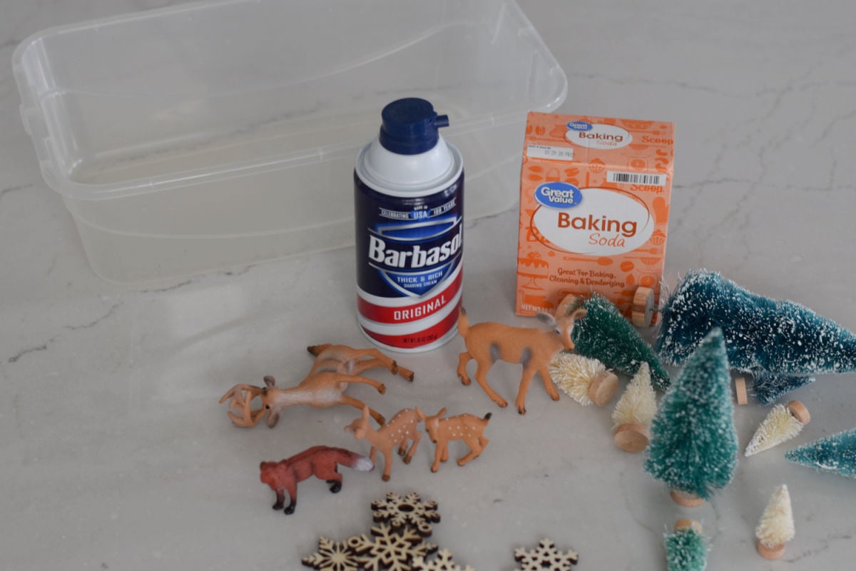 fake snow with shaving cream supplies and toys 