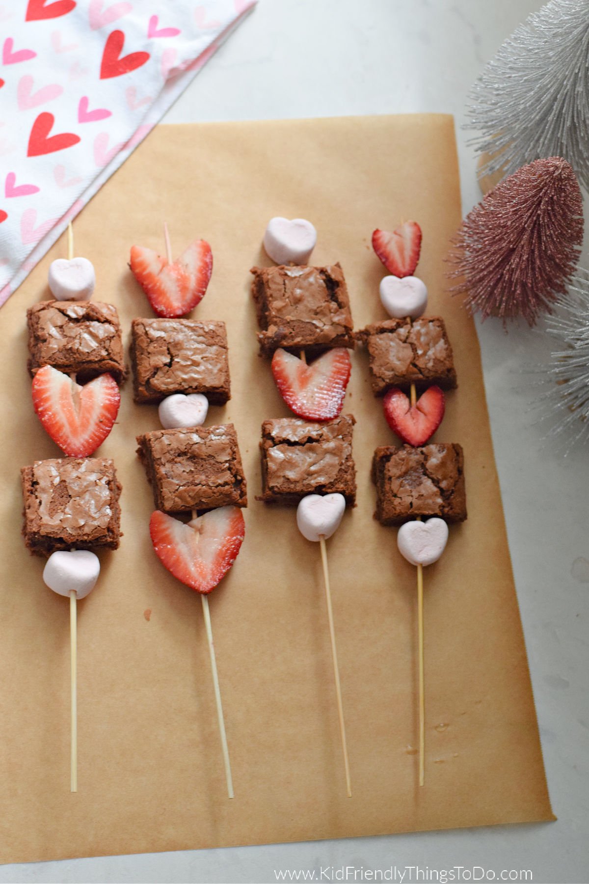 Valentine brownie and marshmallow skewers