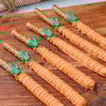 Carrot chocolate covered pretzels made with pretzel rods and orange candy melts for an easy Easter treat