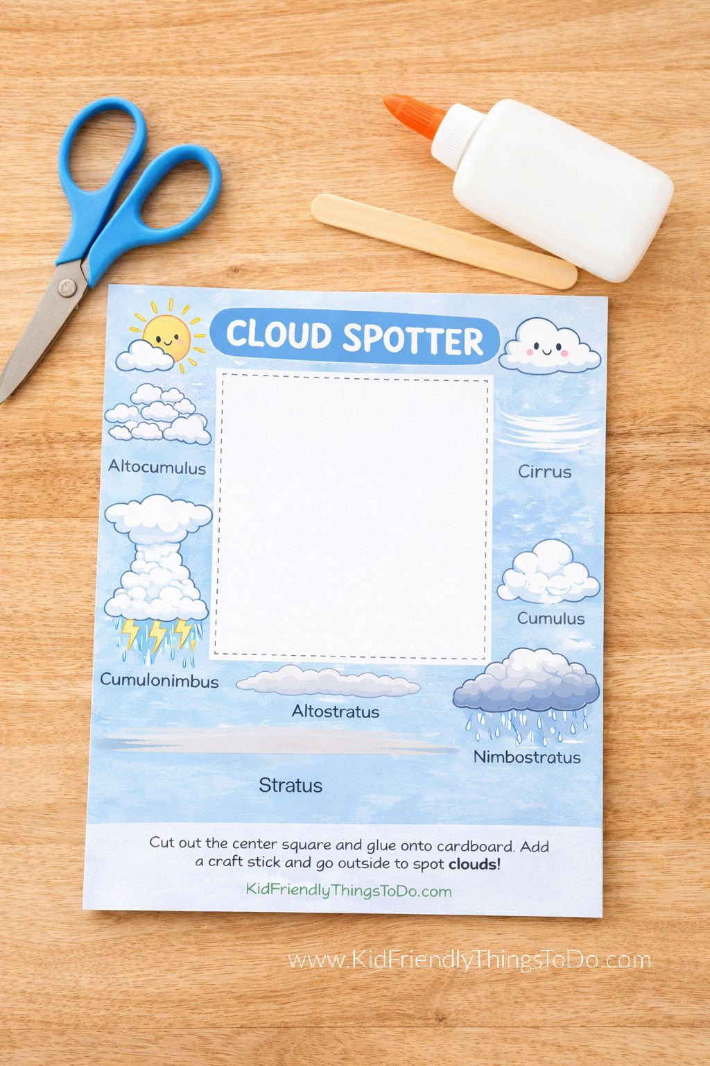 cloud spotter printable for kids on table 