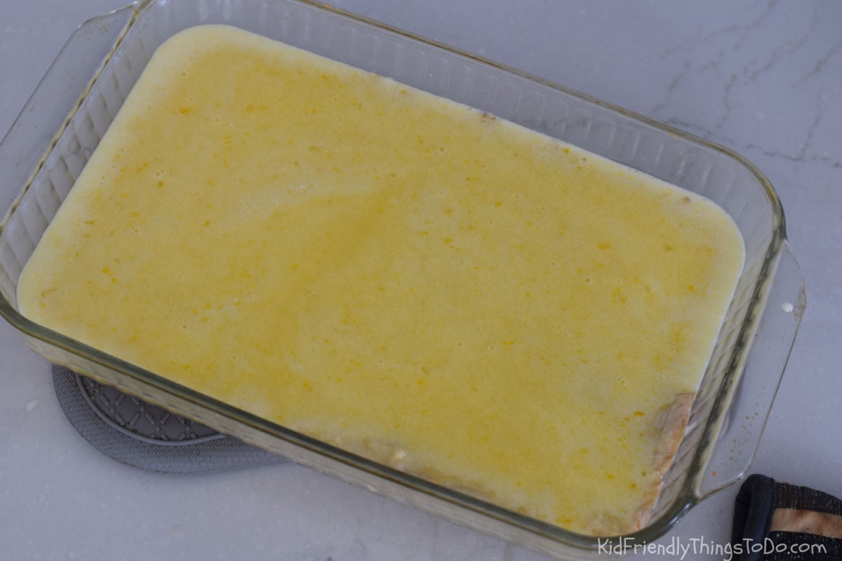 lemon bar mixture in pan before baking