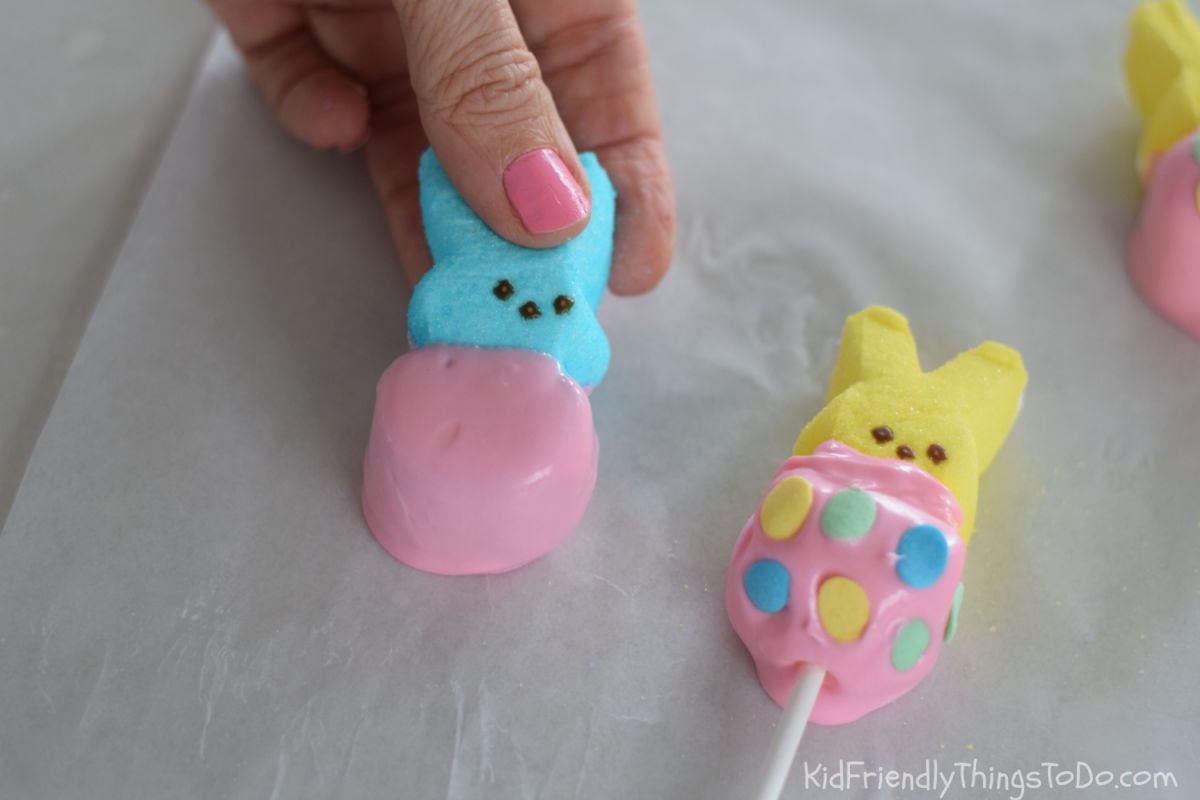 placing chocolate covered Peep onto wax paper