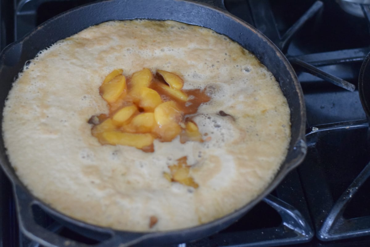 simmering baked beans with peaches