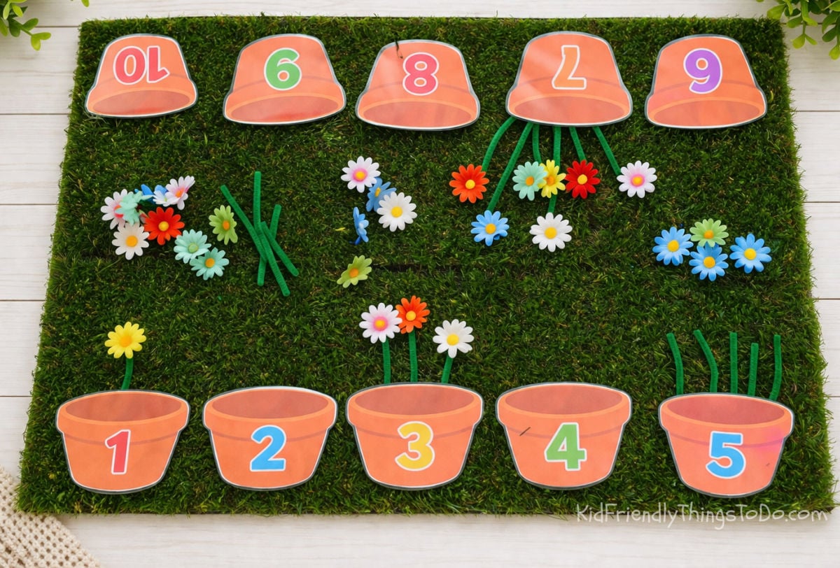 numbered flower pots printable on grass mat for counting activity
