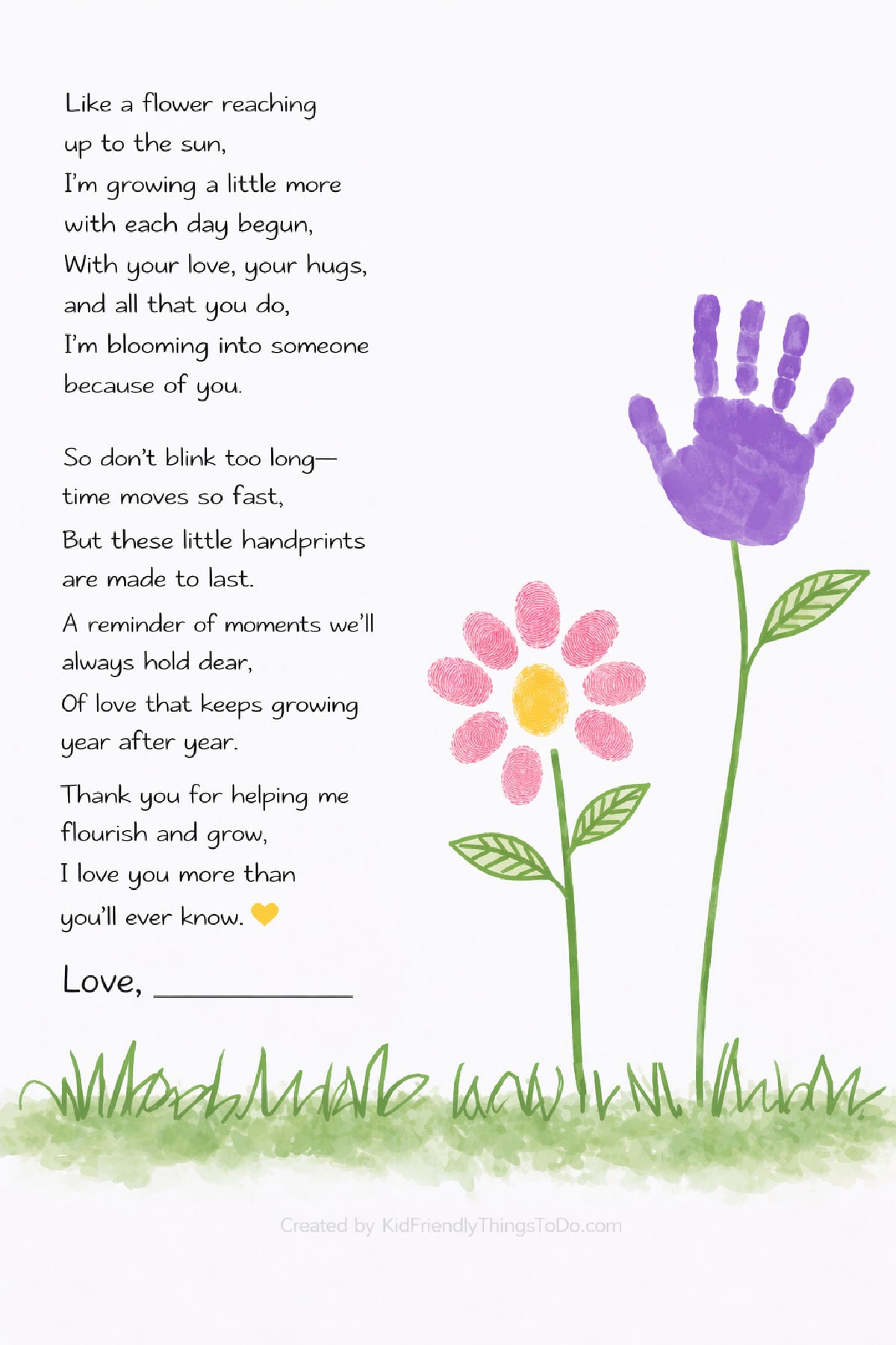 Mother’s Day handprint flower printable with one purple handprint flower and one pink fingerprint flower with poem keepsake