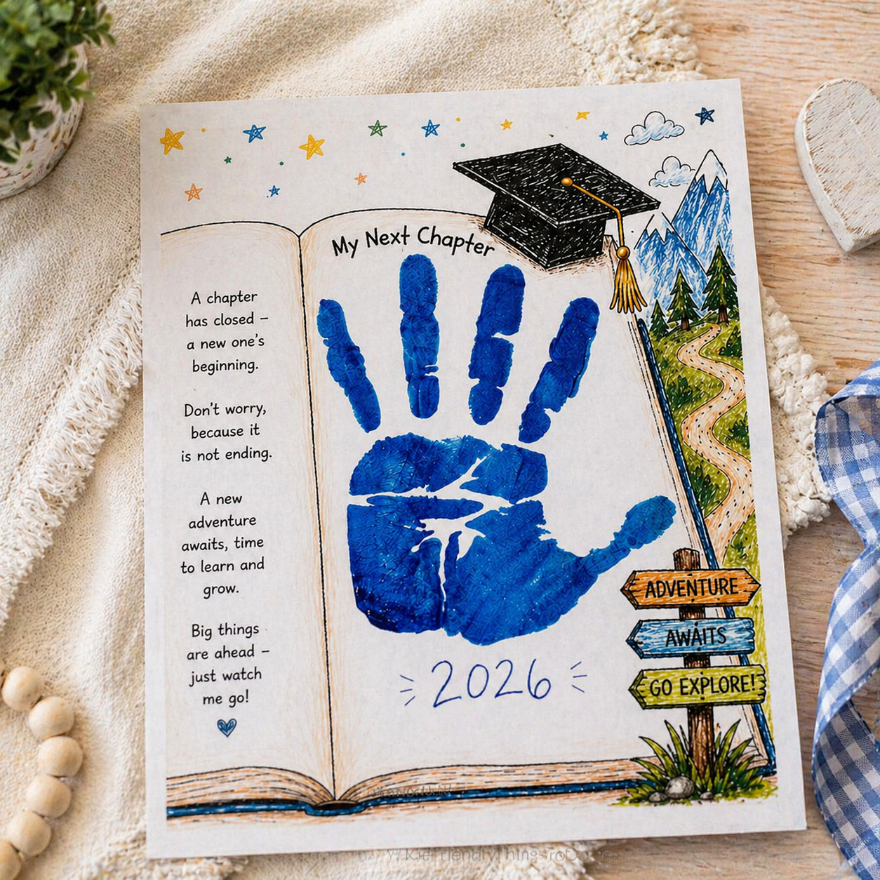 Graduation handprint keepsake printable with blue handprint and “2026” written underneath on an open book design