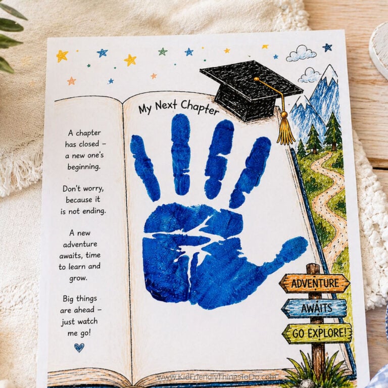 Graduation handprint keepsake printable with blue paint handprint under a graduation cap on an open book design