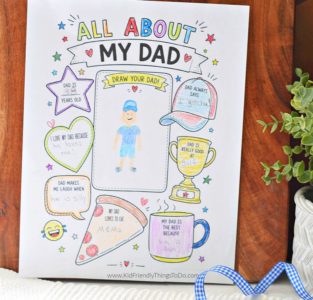 all about dad Father's Day printable for kids to color on as a gift
