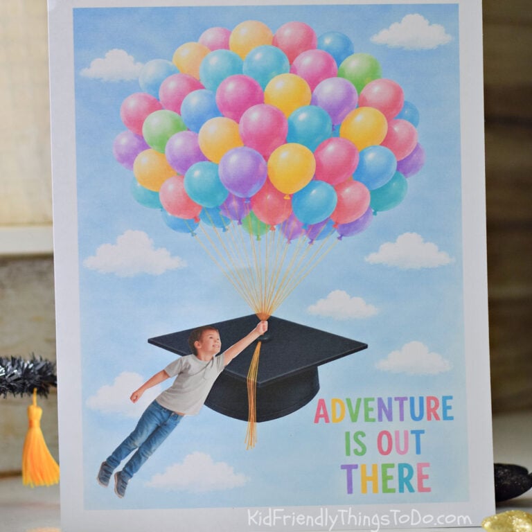 Child graduation keepsake craft with colorful balloons lifting a graduation cap while a cut-out photo of a child appears to fly through the sky holding the balloon strings.
