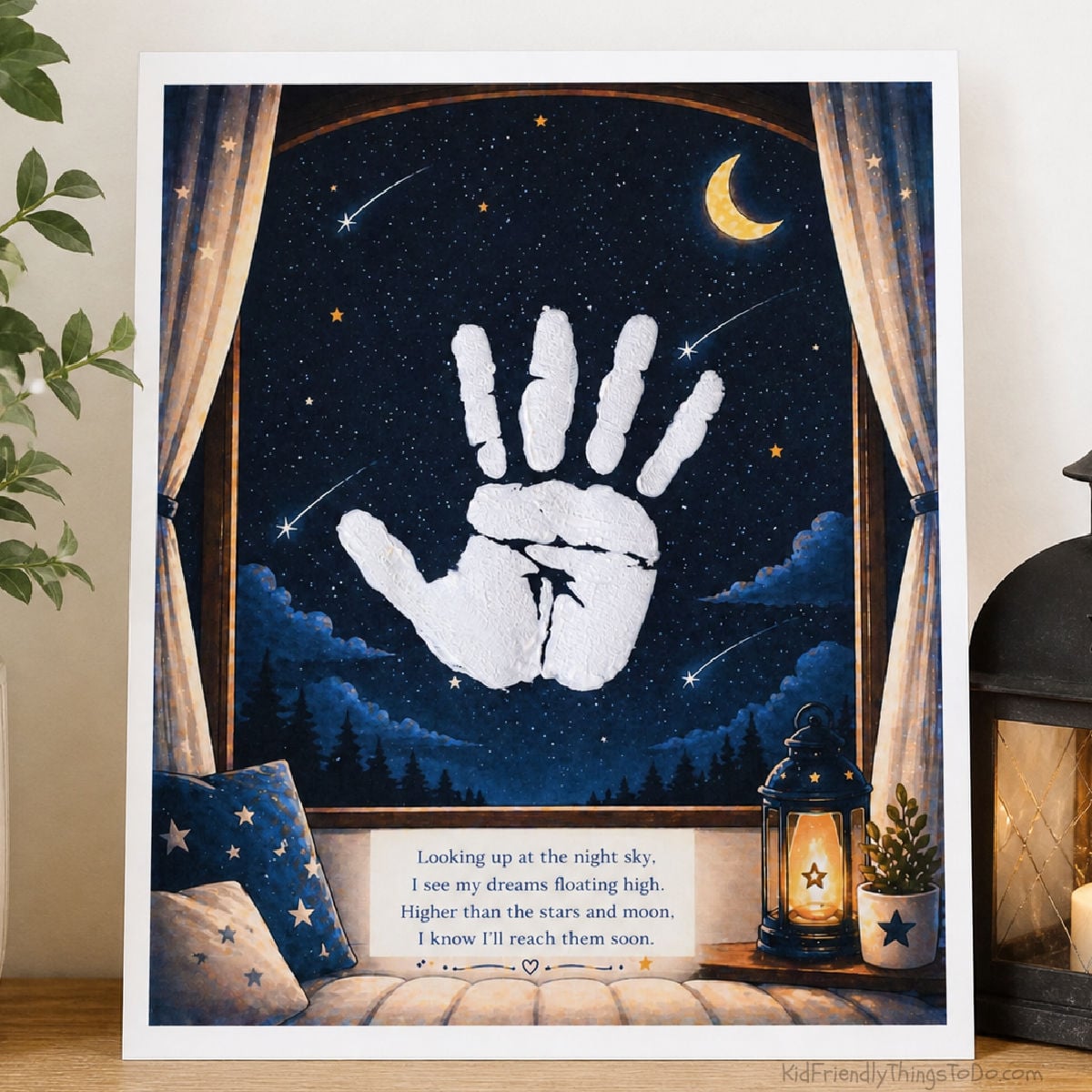 Kids handprint art printable in progress with white paint and sponge on night sky background
