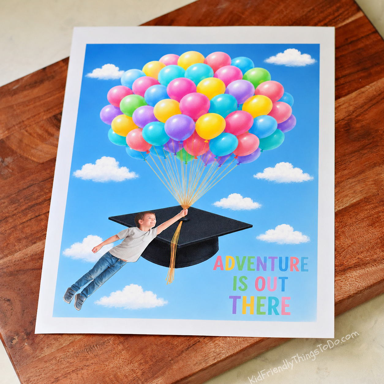 Child graduation keepsake craft with colorful balloons lifting a graduation cap while a cut-out photo of a child appears to fly through the sky holding the balloon strings.