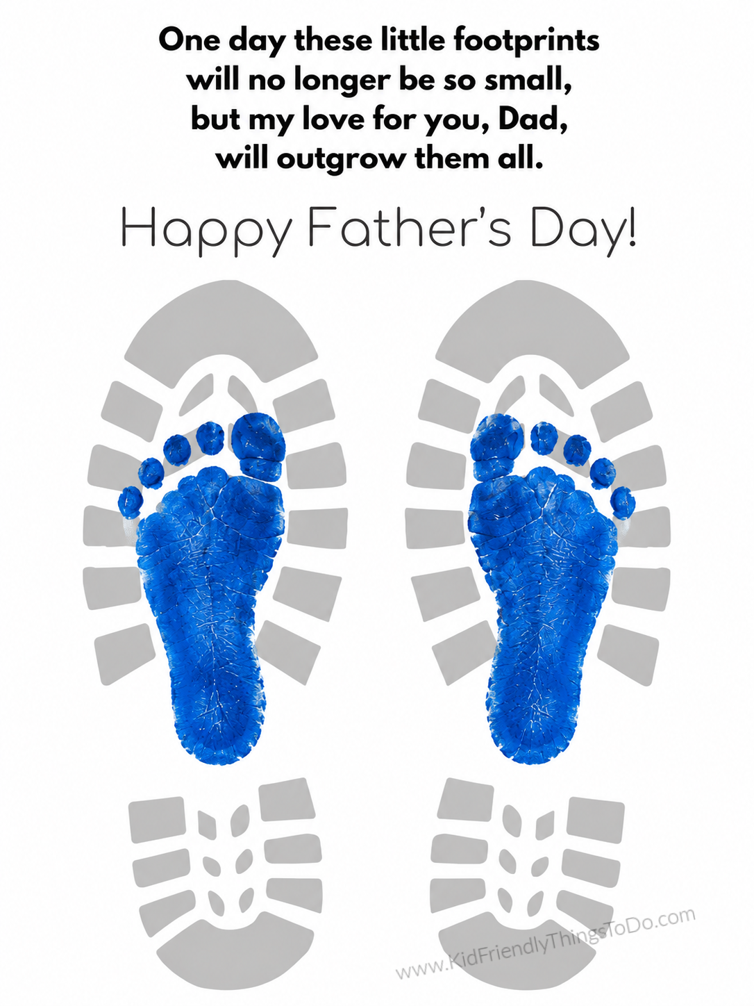 White Father’s Day footprint printable featuring gray boot tread outlines with blue painted child footprints and a heartfelt poem for Dad.