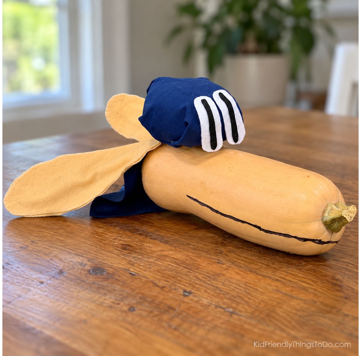 Dog Man made from a butternut squash with floppy tan ears, a blue hat, tall cartoon eyes, and a hand-drawn smile.