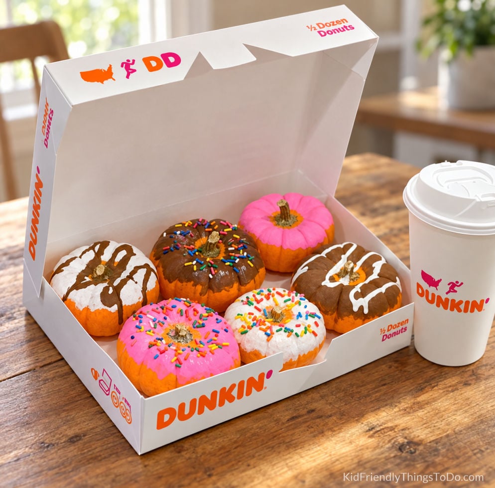 Six mini pumpkins decorated like frosted donuts with sprinkles and drizzle, displayed in a Dunkin’ box beside a coffee cup.