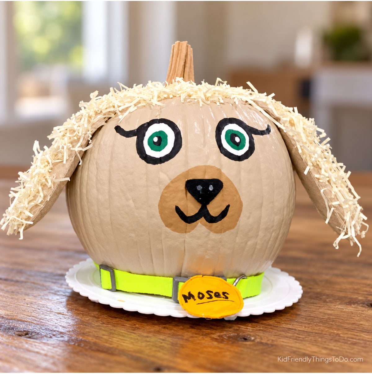 Beige dog pumpkin with floppy ears, shredded-paper fur, painted green eyes, and a bright collar with a “Moses” name tag.