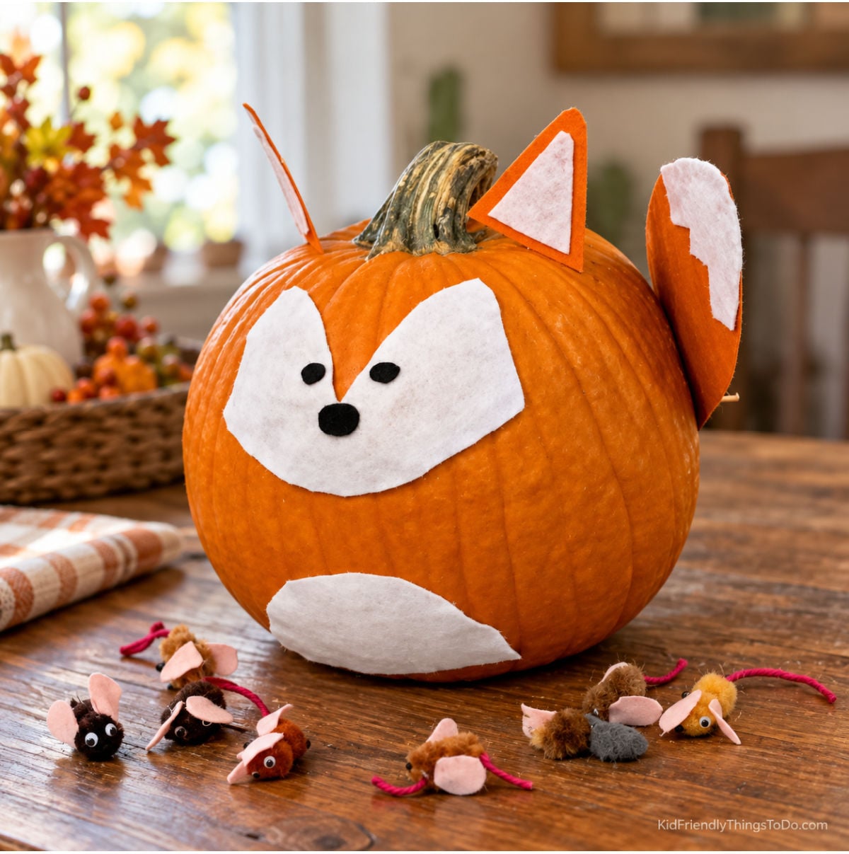Orange fox pumpkin with a white felt face and belly, pointed ears, and a white-tipped tail, surrounded by small pom-pom mice.