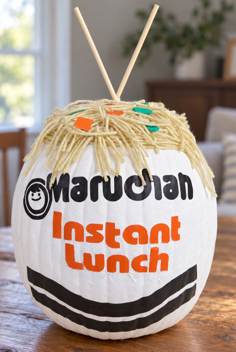 White pumpkin decorated like a Maruchan Instant Lunch cup, topped with cream yarn noodles, colorful toppings, and wooden chopsticks.