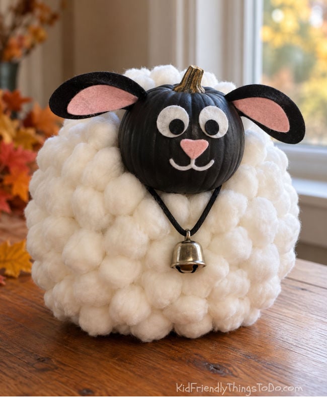 Sheep pumpkin decoration with a cotton ball-covered body, a smaller black pumpkin head, felt ears and eyes, and a bell around its neck.