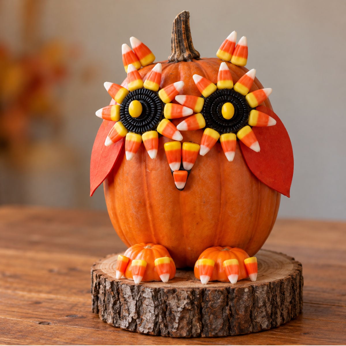 decorated pumpkin owl with candy corn for ears, claws and around cookie eyes