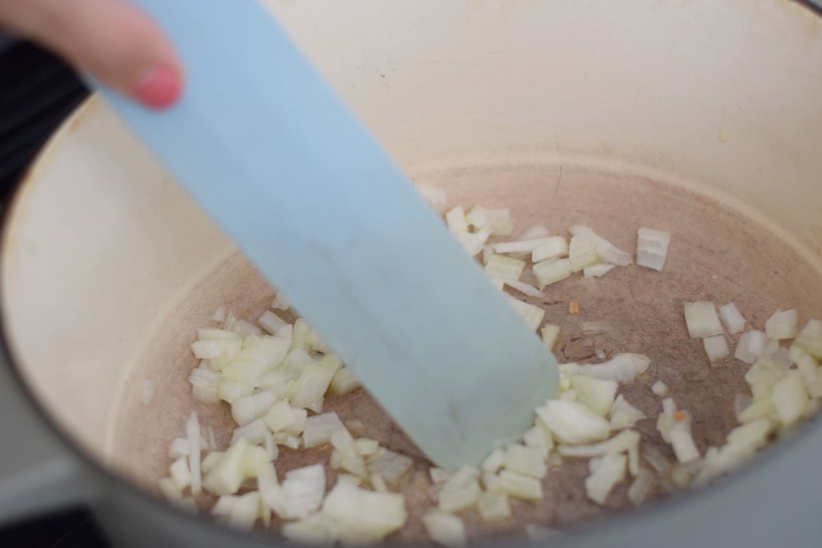 cooking onion in olive oil for meat sauce 