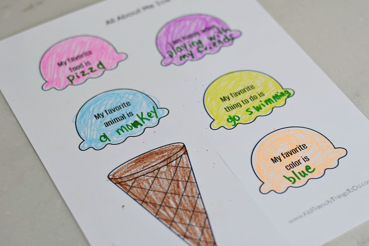 completed printable sheet for all about me ice cream cone printable