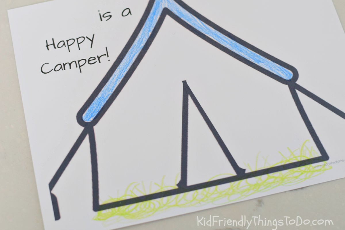 happy camper camping craft printable colored with crayons 