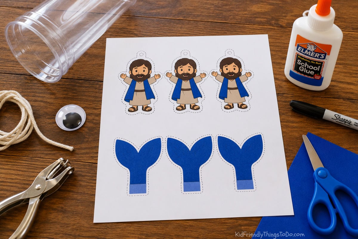 jonah and the whale craft printable on table with craft supplies