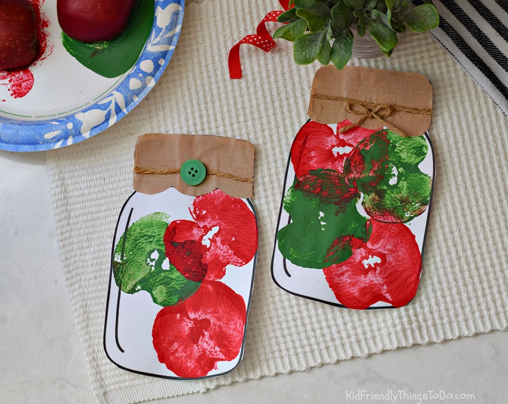 apple stamping apple craft for kids with a mason jar printable