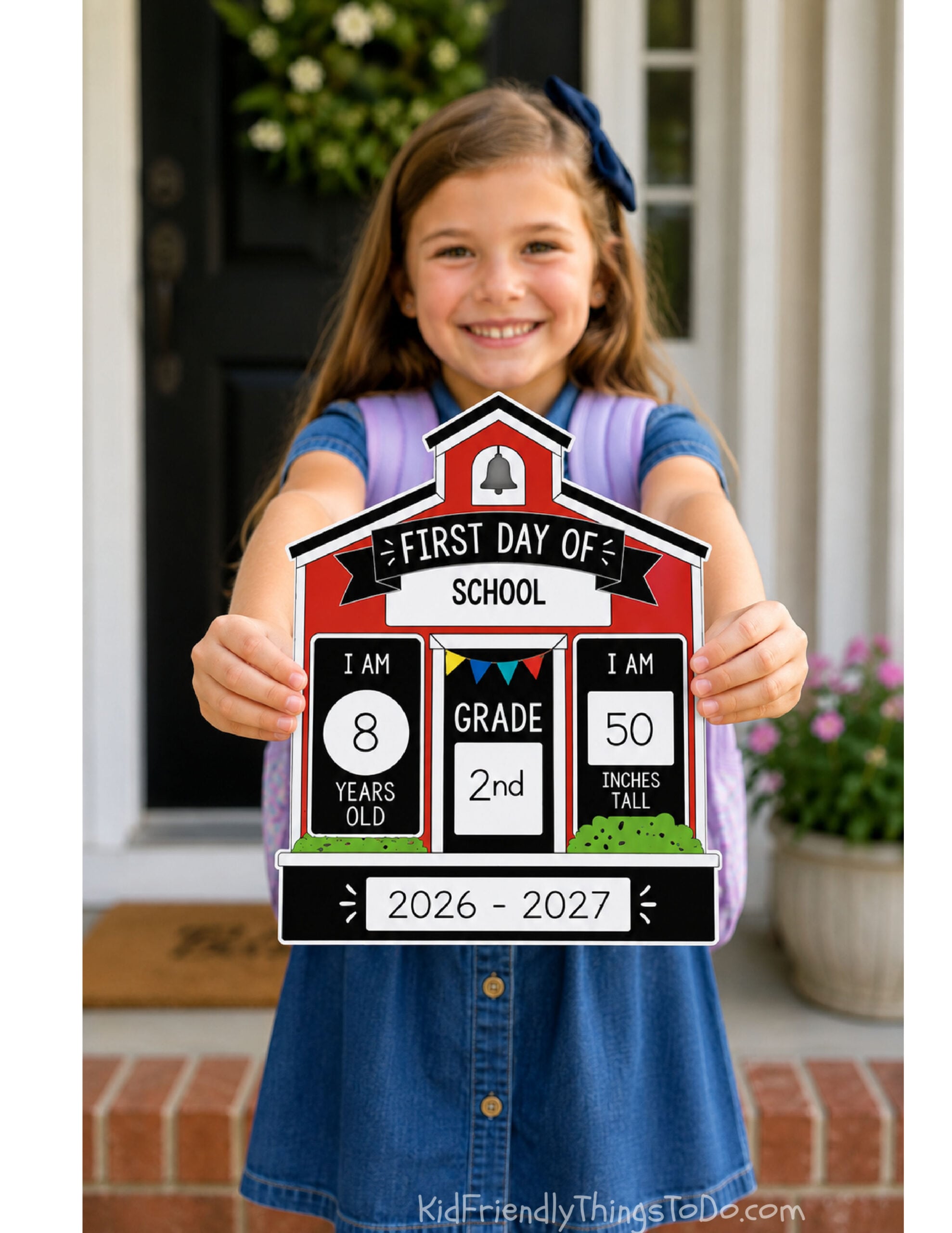 first day of school printable for photos little girl holding schoolhouse shaped first day of school printable 