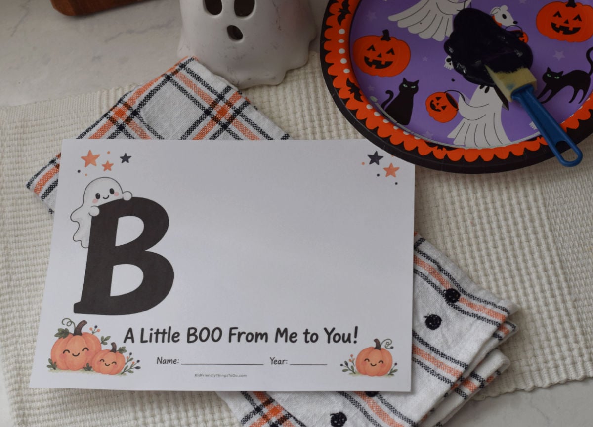 Blank A Little BOO From Me to You printable with a large letter B, pumpkin illustrations, and name and year lines.