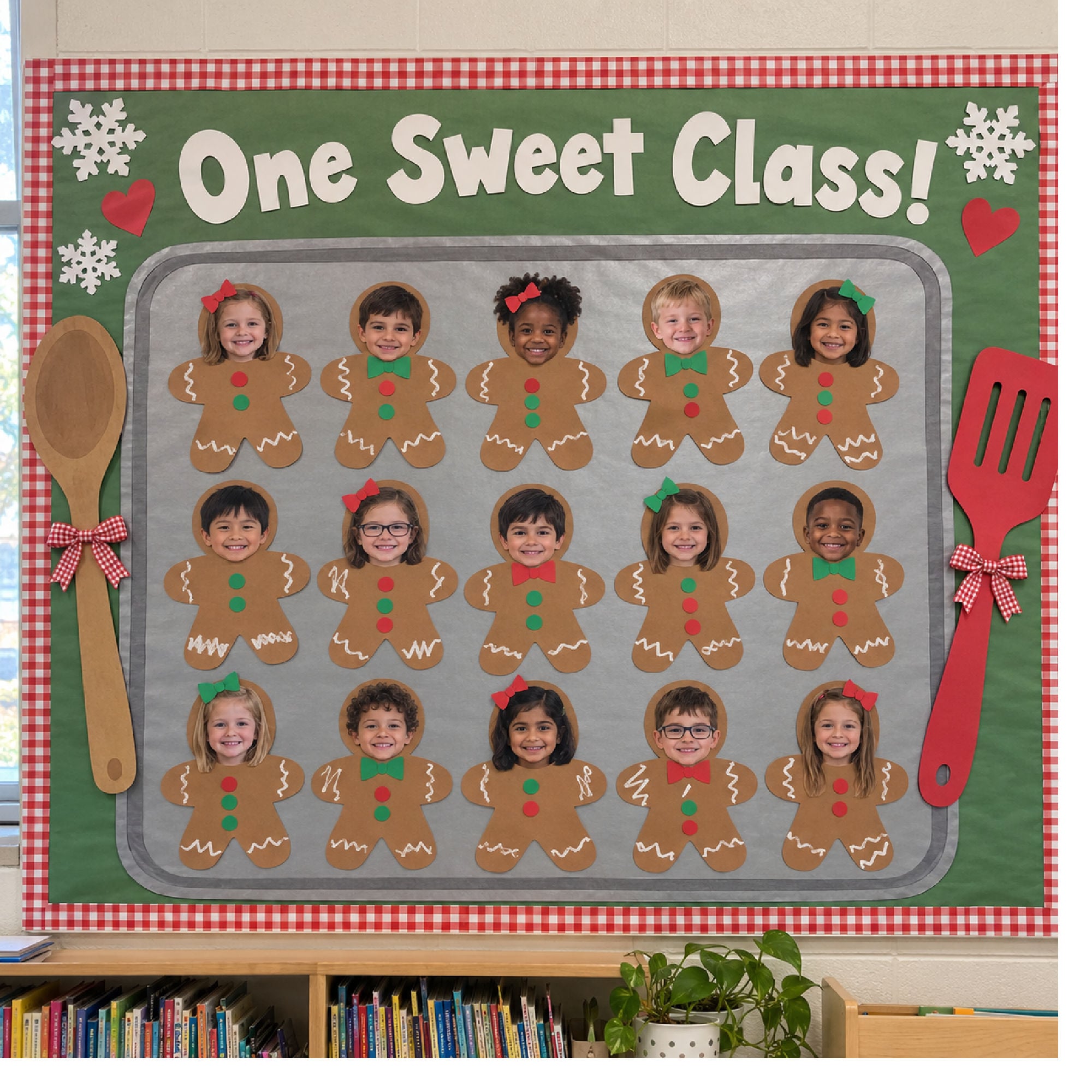 One Sweet Class Christmas classroom bulletin board with gingerbread student photo crafts arranged on a baking sheet