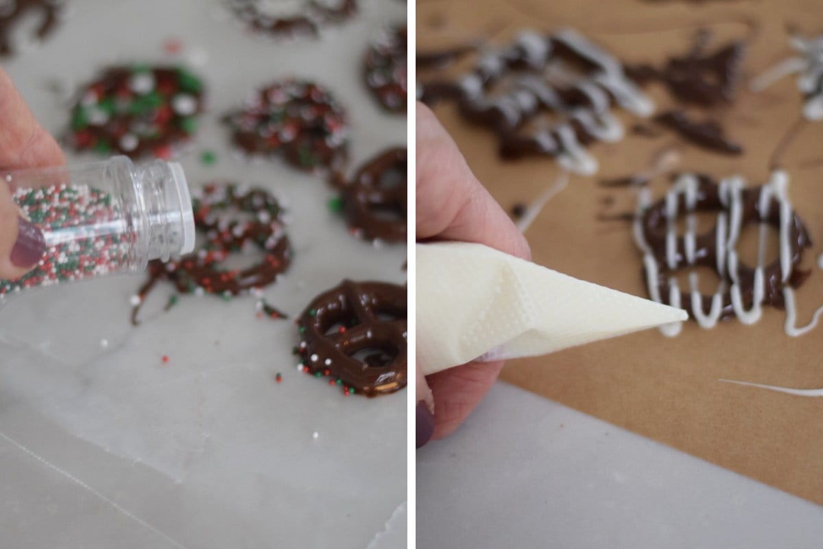 Adding sprinkles to wet chocolate covered pretzels and piping white stripes over dark-coated pretzels.