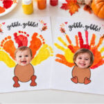 Handprint turkey craft and footprint turkey keepsake with colorful painted feathers and children's photos
