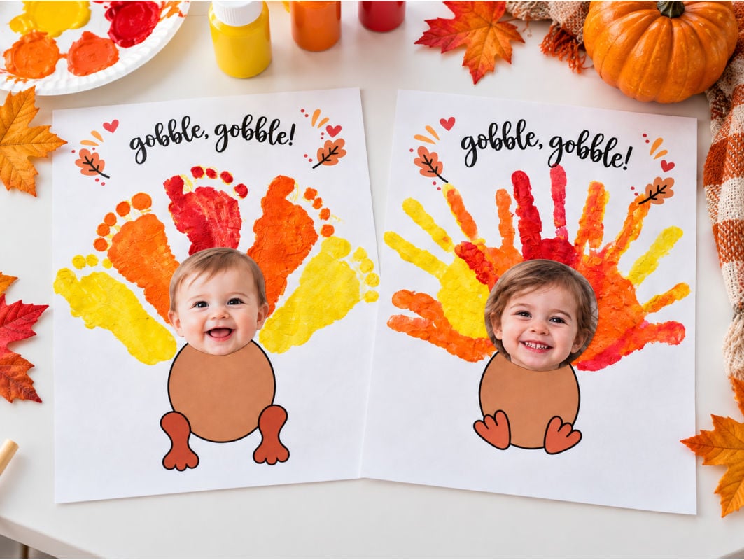 Handprint turkey craft and footprint turkey keepsake with colorful painted feathers and children's photos