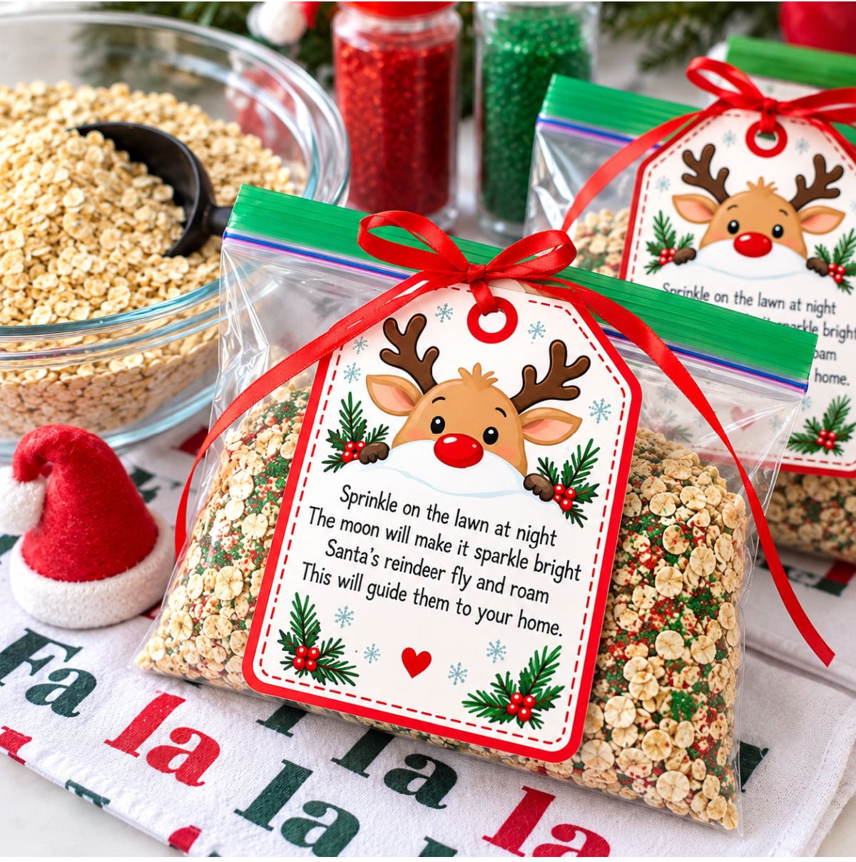 Magic reindeer food gift bag with red bow and printable reindeer food poem tag