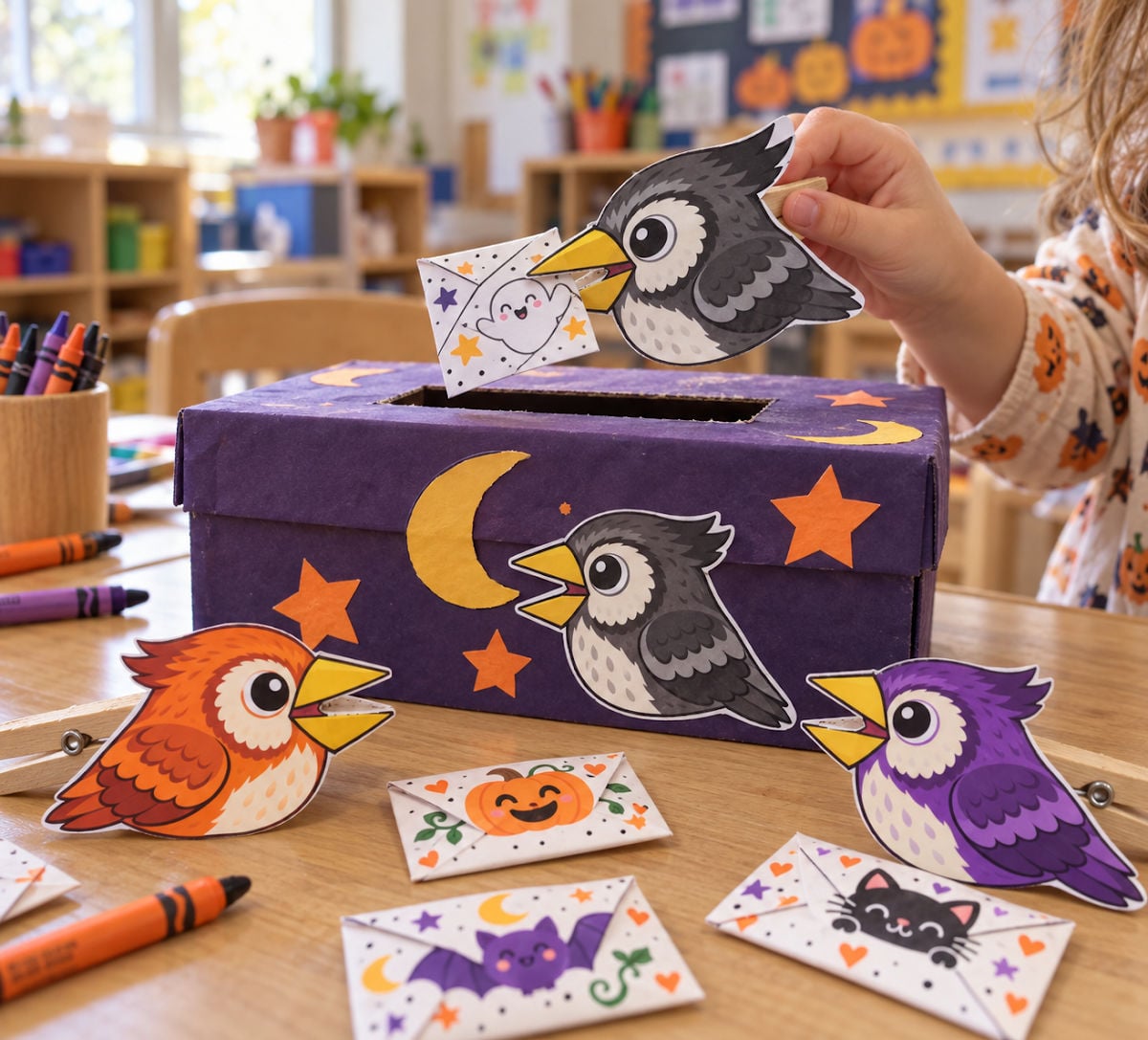 Child using a clothespin owl to deliver a Halloween envelope into a purple mailbox during a classroom Owl Mail activity.