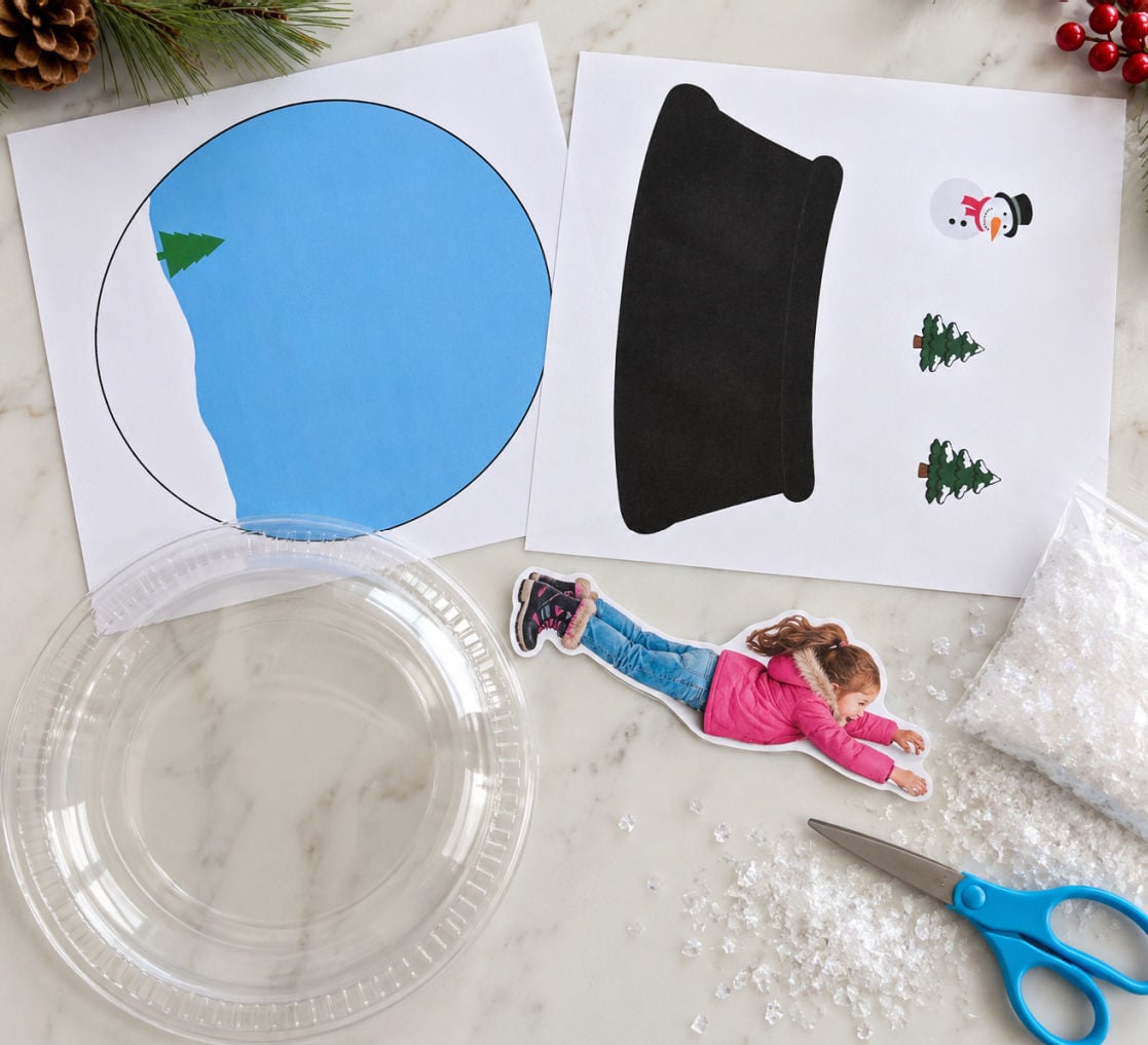 Two-page snow globe template printable with blue snowy background, snowman, evergreen trees, and black base plus cut out of child photo and supplies ot make the craft