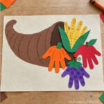 Handprint cornucopia craft for kids with colorful paper handprint fruits and vegetables spilling out of a Thanksgiving cornucopia.
