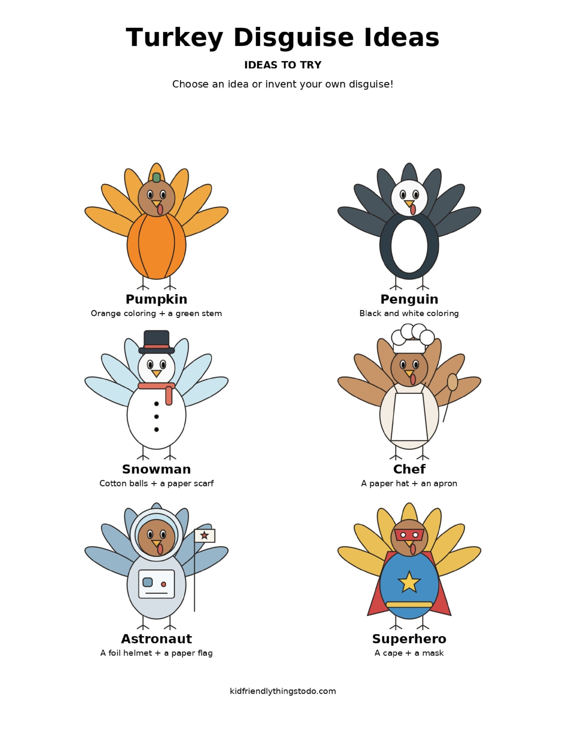 Turkey disguise ideas showing illustrated pumpkin, penguin, snowman, chef, astronaut, and superhero costumes with suggested supplies.